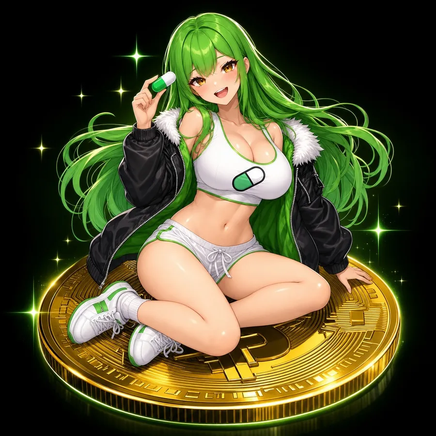 The $PUMP girl sitting on a giant BTC coin