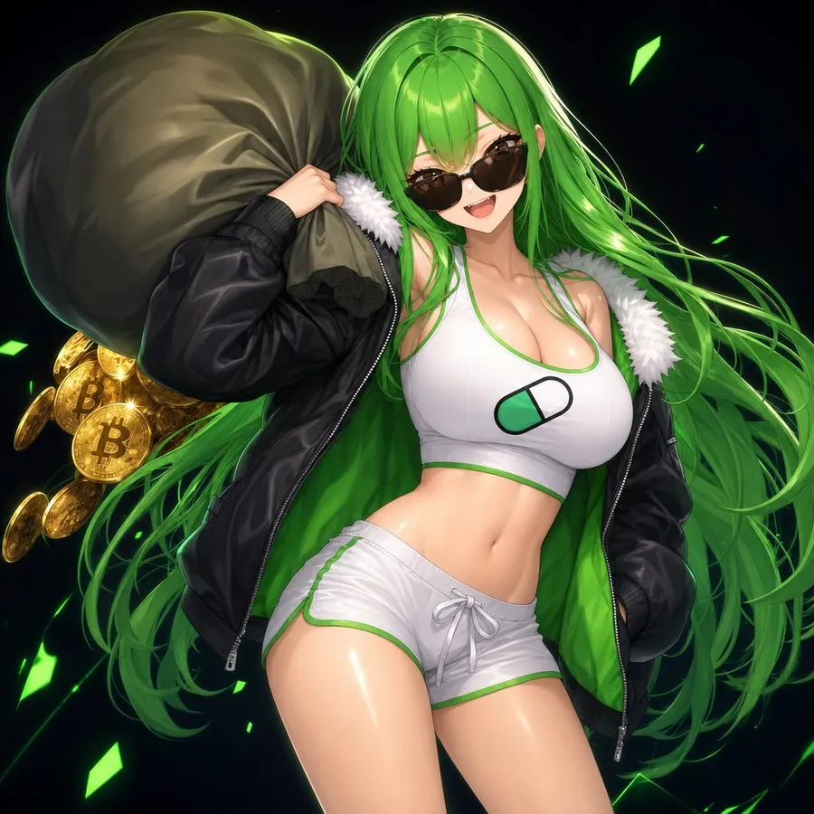 The $PUMP girl with sunglasses and a bag of BTC