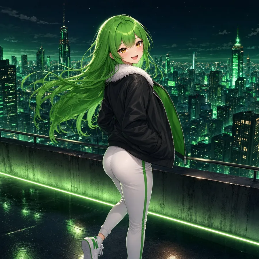 The $PUMP girl on a rooftop over a green city