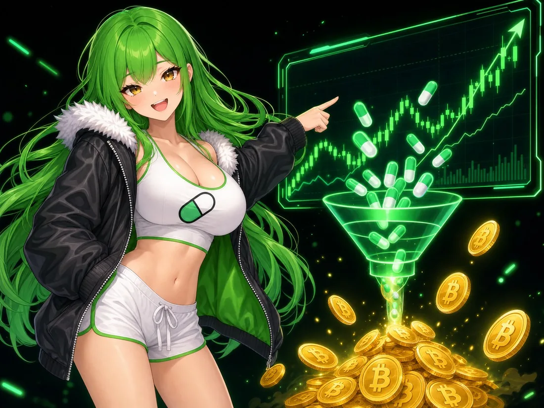 The $PUMP girl pointing at a chart while fees pour into a pile of BTC