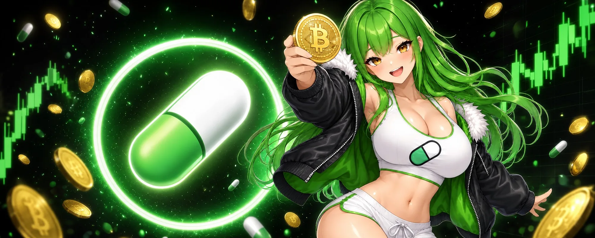 The $PUMP girl next to a glowing pill emblem with a BTC coin and a rising green chart